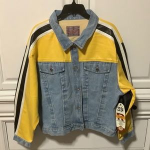Ladies plus Vintage/ Retro style Jean jacket faux leather sleeves, so cute
